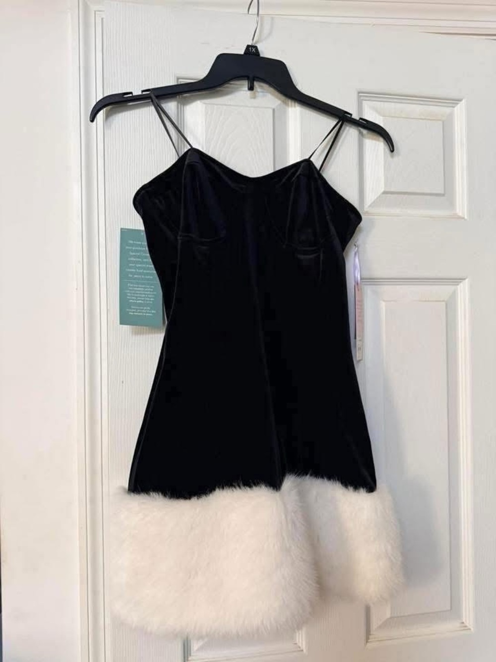 Black Velvet Mini Dress with White Faux Fur Trim